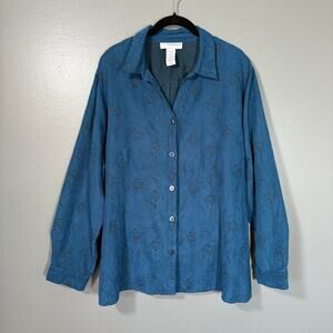 Sag Harbor Blue Embroidered Faux Suede Shacket Top - Size 2X - Women's Plus Size